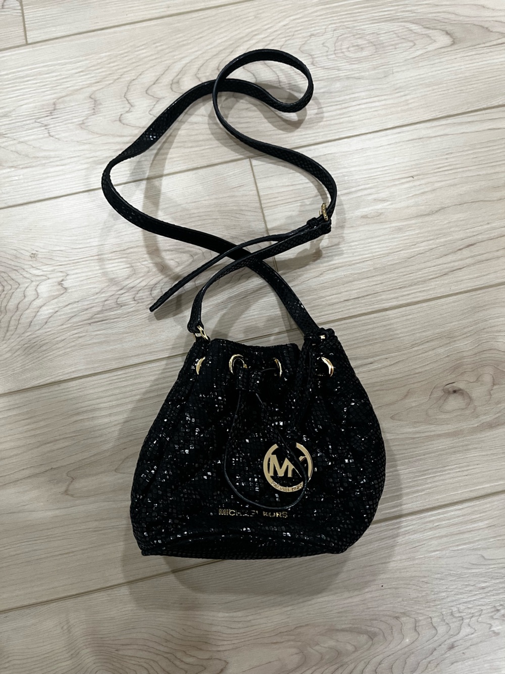 Michael Kors Black Sequin Drawstring Crossbody Bag with Gold Hardware
